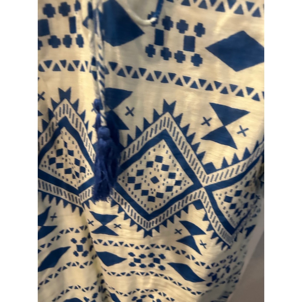 Dolma Womens Blue White Geometric Tribal Print Tassel Tie Boho Tunic Dress Large - Picture 2 of 7
